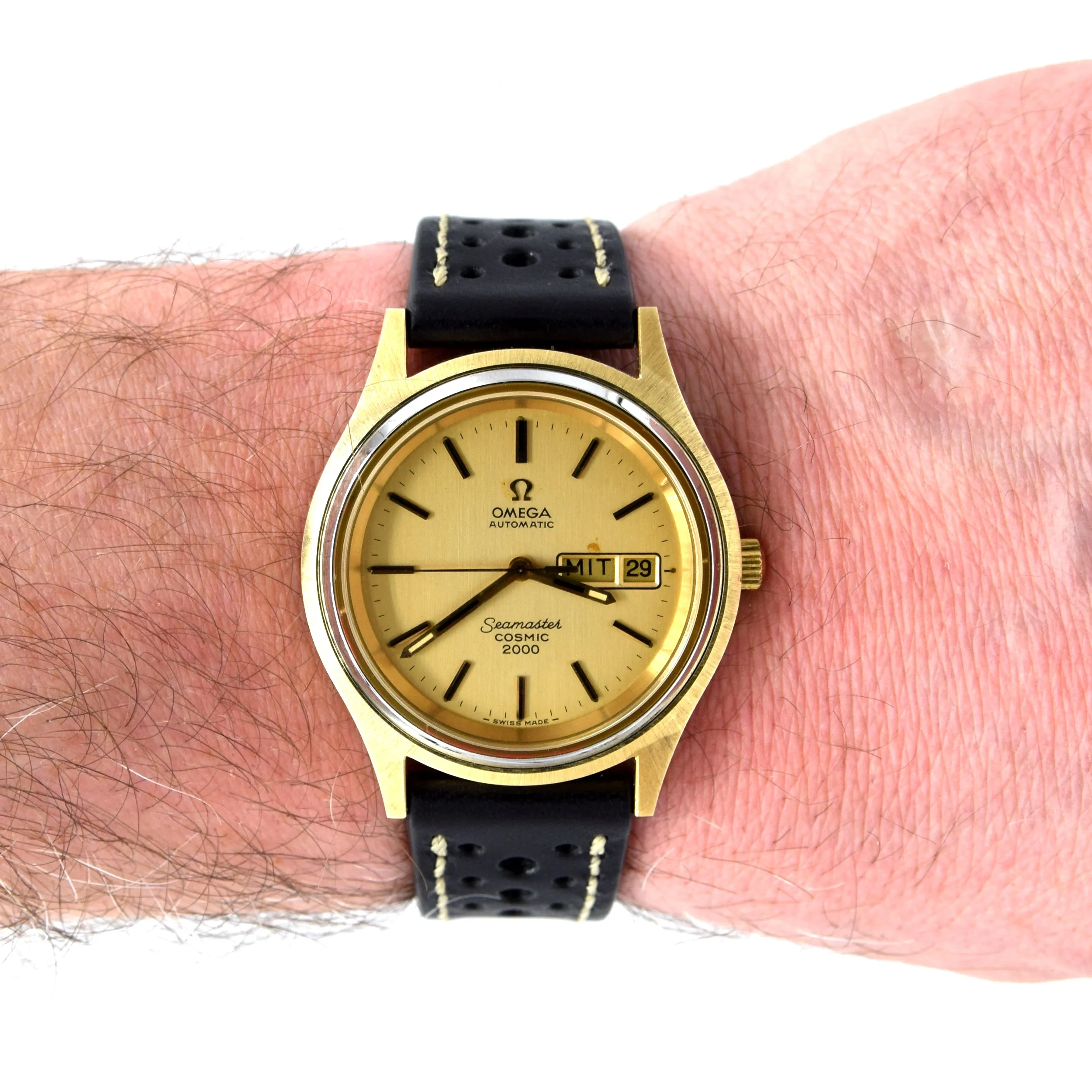 1974 Omega Rare Large Gold & steel Cosmic 2000 Automatic Day/Date Champagne Model 166.129