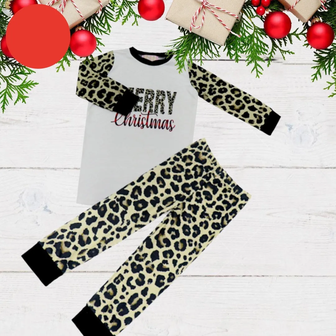 $7.50 EA -- 5-6T X 3/7-8T X 3 -- Kids 2 Pc Pajamas - Merry Christmas Leopard