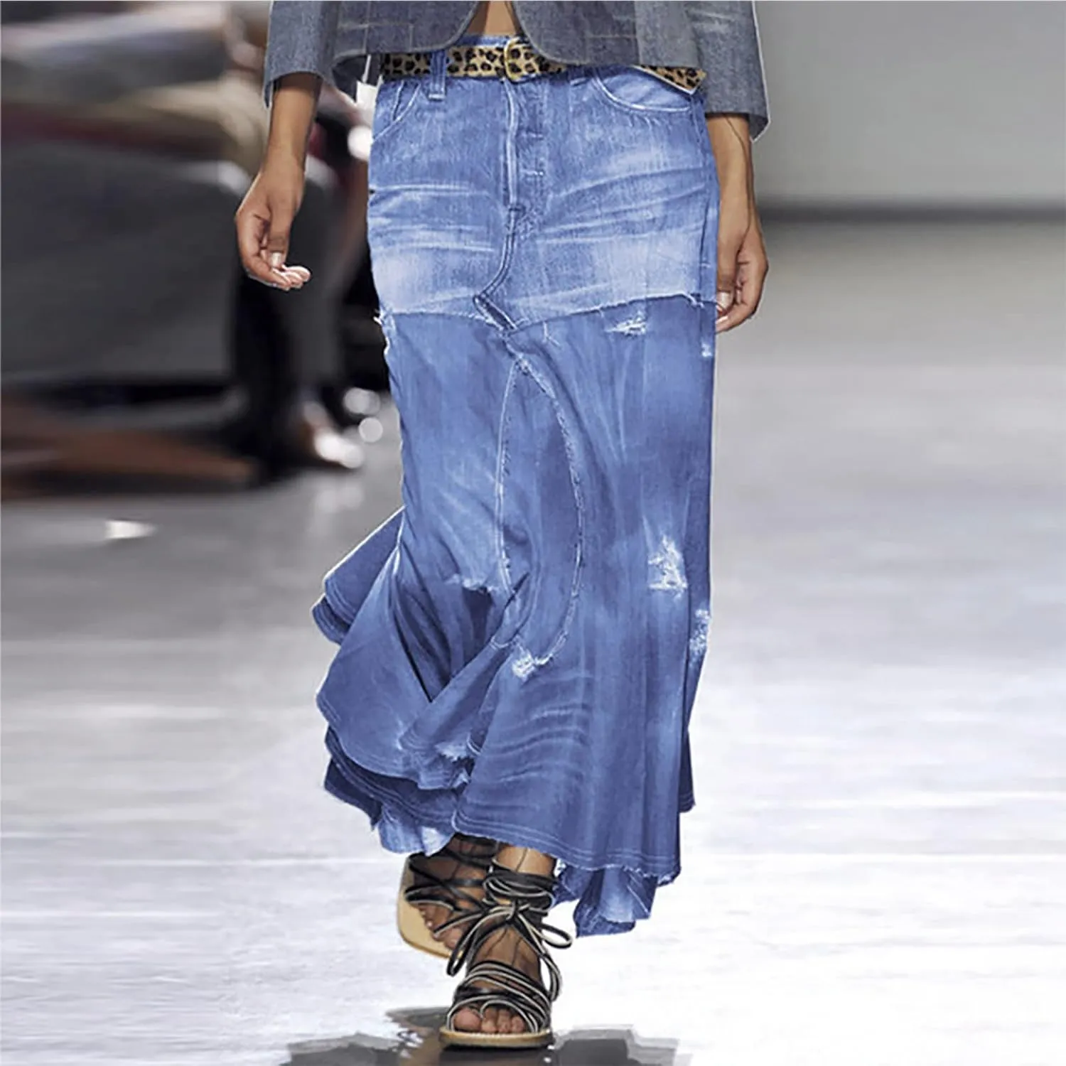 A Line Skirt for Women Irregular Splicing Stretch Denim Skirts Flared Hem Ankle Skirts Casual Jean A-Line Skirt