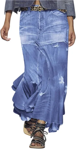 A Line Skirt for Women Irregular Splicing Stretch Denim Skirts Flared Hem Ankle Skirts Casual Jean A-Line Skirt