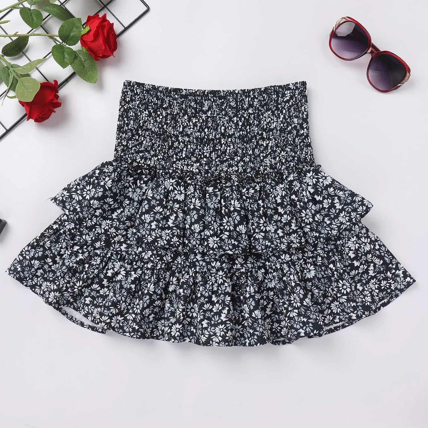 ABAFIP Women Ruffle Mini Skirt Smocked High Waist Floral Print Boho Pleated Layered Short Skirts