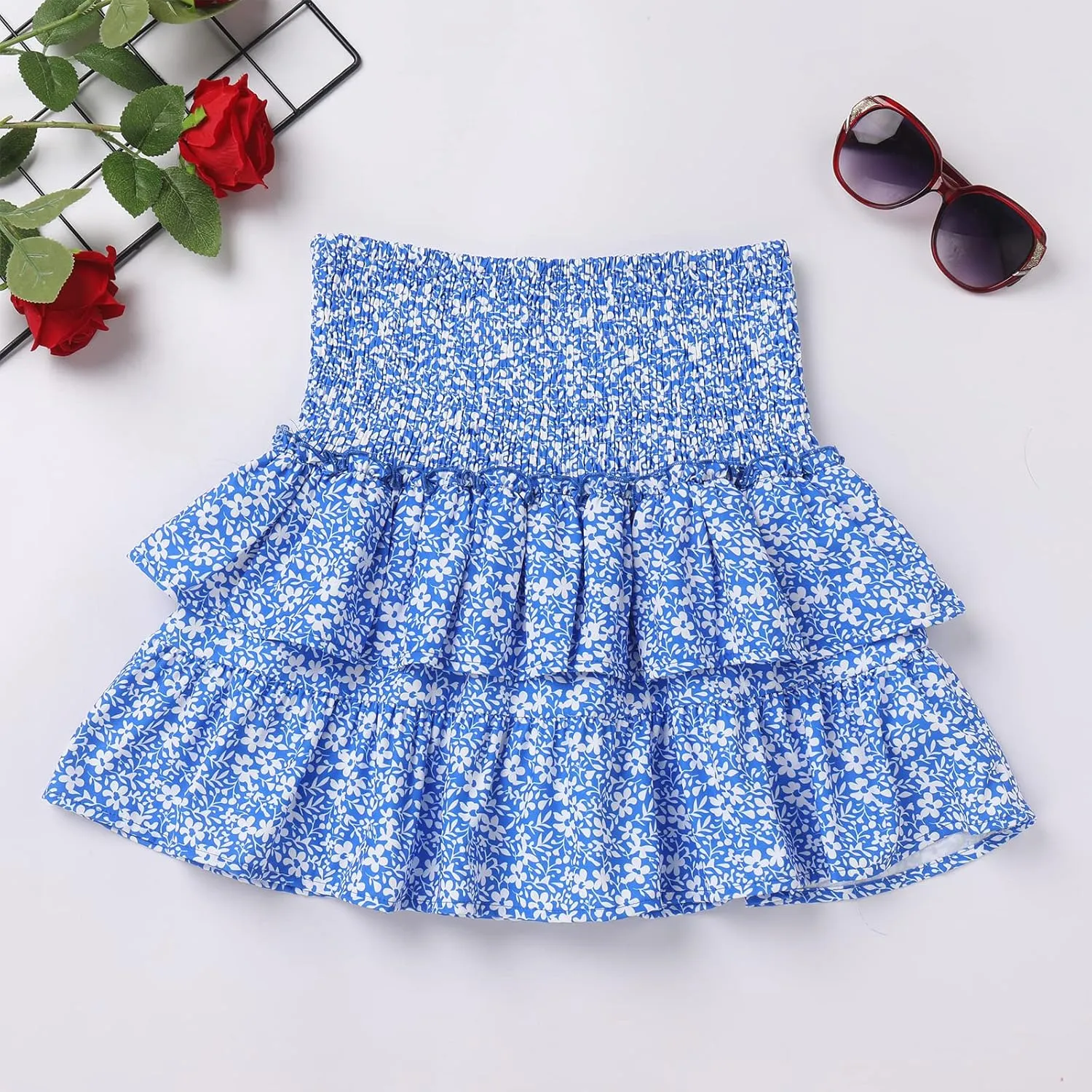 ABAFIP Women Ruffle Mini Skirt Smocked High Waist Floral Print Boho Pleated Layered Short Skirts