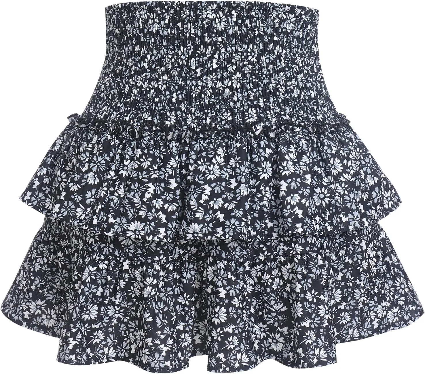 ABAFIP Women Ruffle Mini Skirt Smocked High Waist Floral Print Boho Pleated Layered Short Skirts