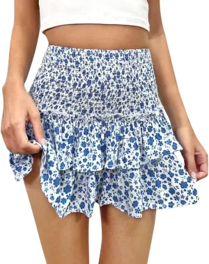 ABAFIP Women Ruffle Mini Skirt Smocked High Waist Floral Print Boho Pleated Layered Short Skirts