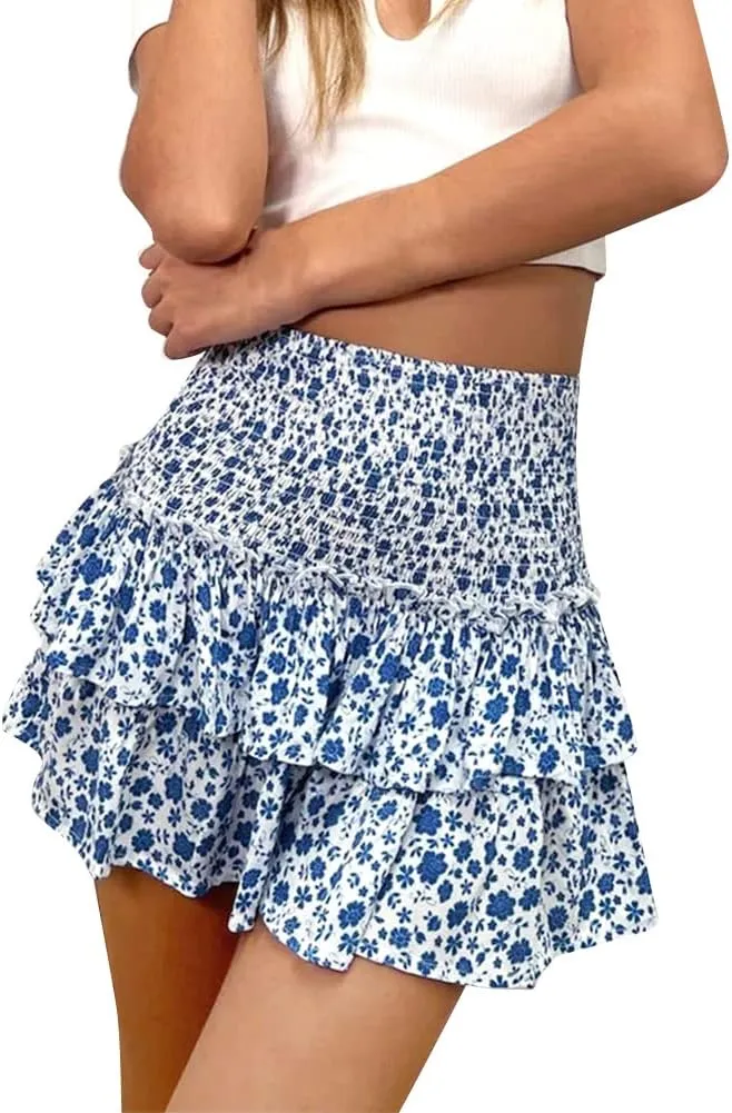ABAFIP Women Ruffle Mini Skirt Smocked High Waist Floral Print Boho Pleated Layered Short Skirts