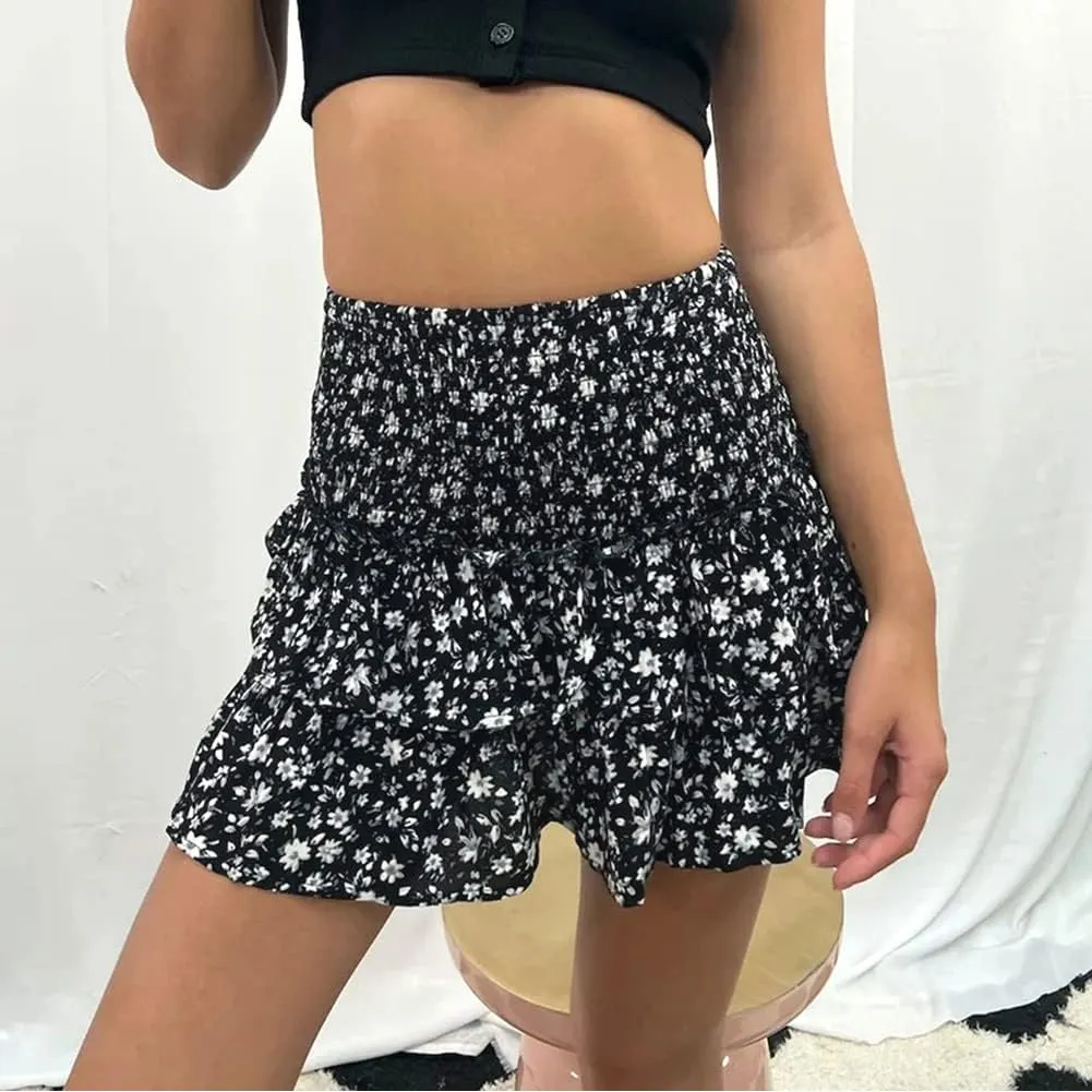 ABAFIP Women Ruffle Mini Skirt Smocked High Waist Floral Print Boho Pleated Layered Short Skirts