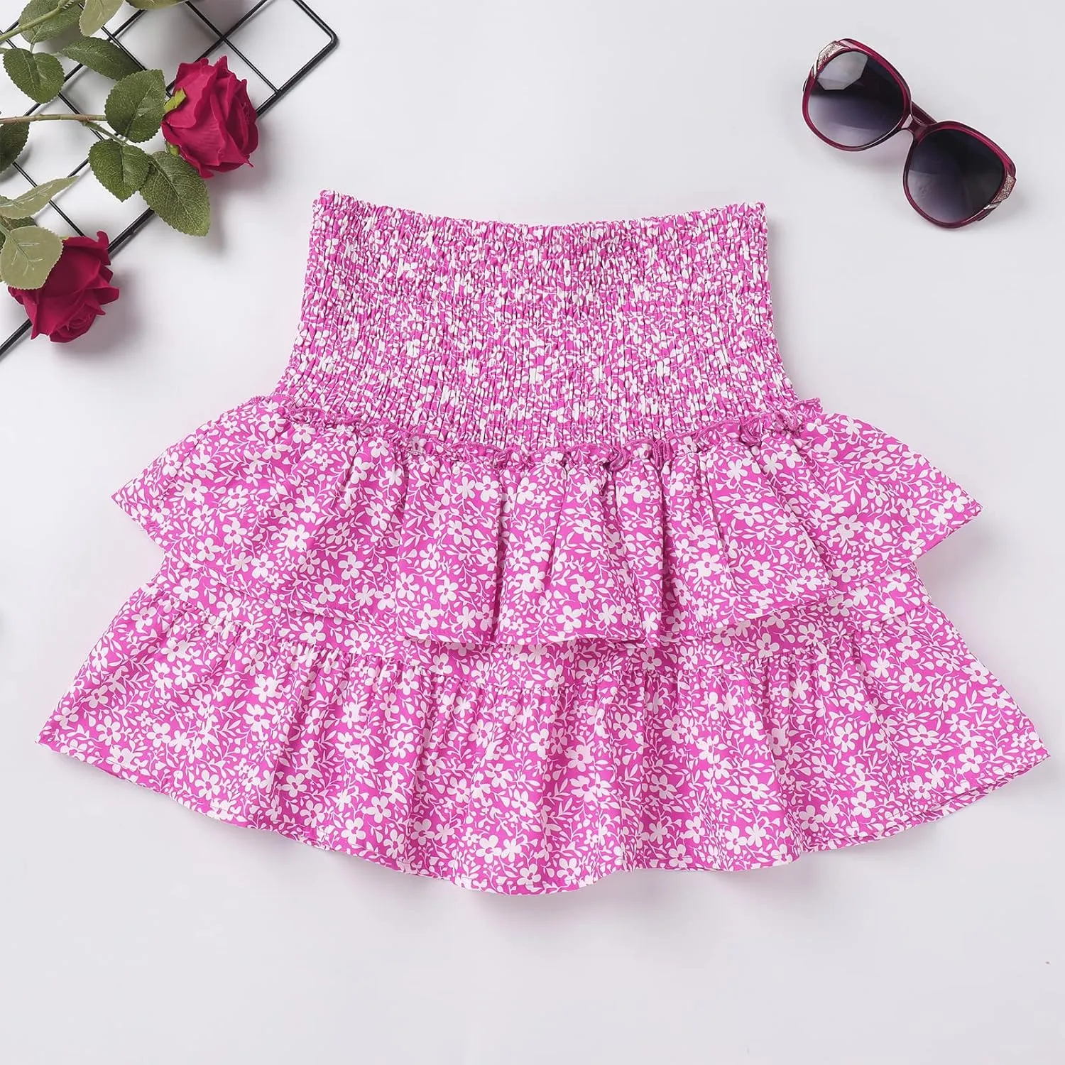 ABAFIP Women Ruffle Mini Skirt Smocked High Waist Floral Print Boho Pleated Layered Short Skirts