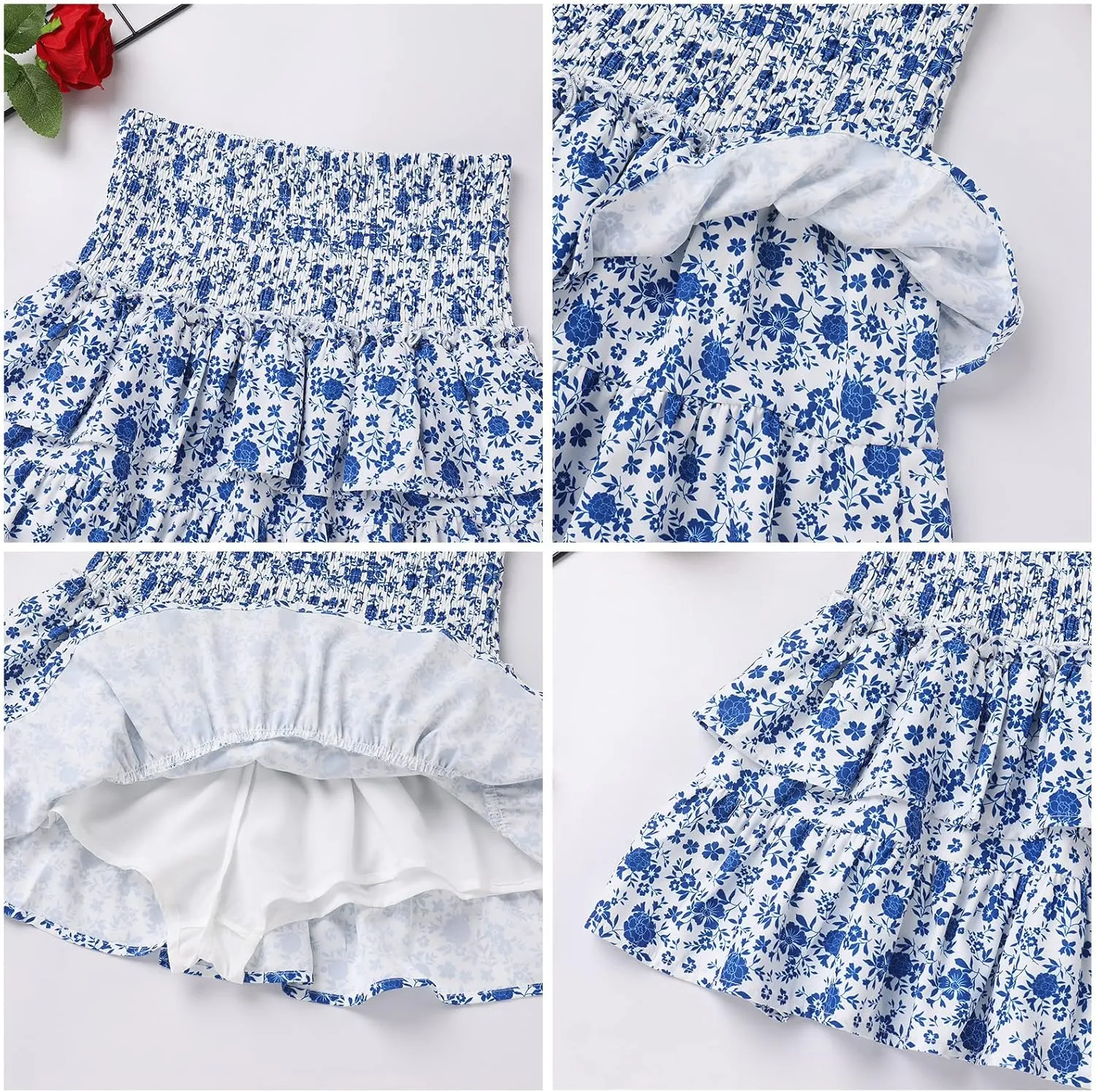 ABAFIP Women Ruffle Mini Skirt Smocked High Waist Floral Print Boho Pleated Layered Short Skirts