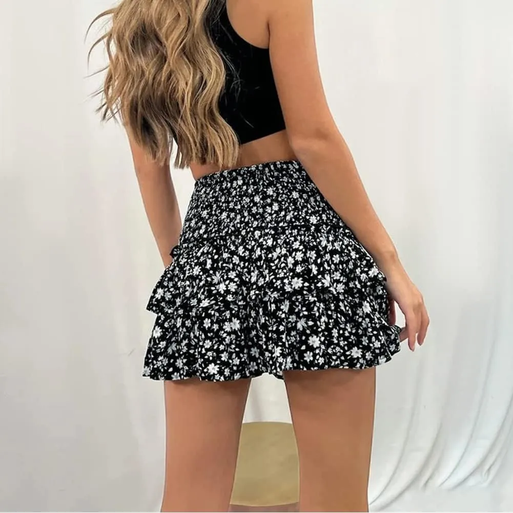 ABAFIP Women Ruffle Mini Skirt Smocked High Waist Floral Print Boho Pleated Layered Short Skirts