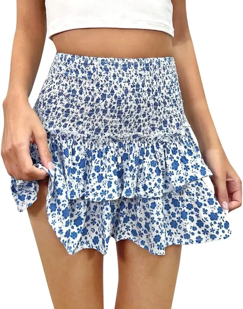 ABAFIP Women Ruffle Mini Skirt Smocked High Waist Floral Print Boho Pleated Layered Short Skirts