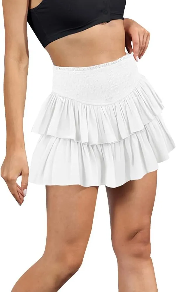 ABAFIP Women Ruffle Mini Skirt Smocked High Waist Floral Print Boho Pleated Layered Short Skirts