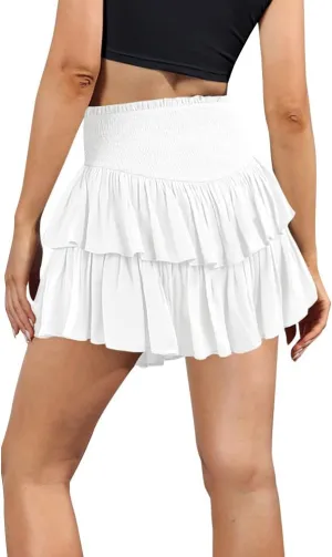 ABAFIP Women Ruffle Mini Skirt Smocked High Waist Floral Print Boho Pleated Layered Short Skirts