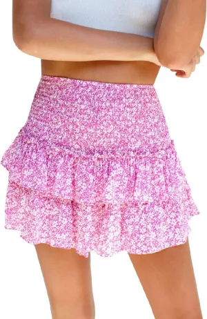 ABAFIP Women Ruffle Mini Skirt Smocked High Waist Floral Print Boho Pleated Layered Short Skirts