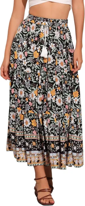 Allegra K Boho Maxi Skirt for Women's Peasant Floral Tassels Elastic Waist Flowy Tiered Skirts