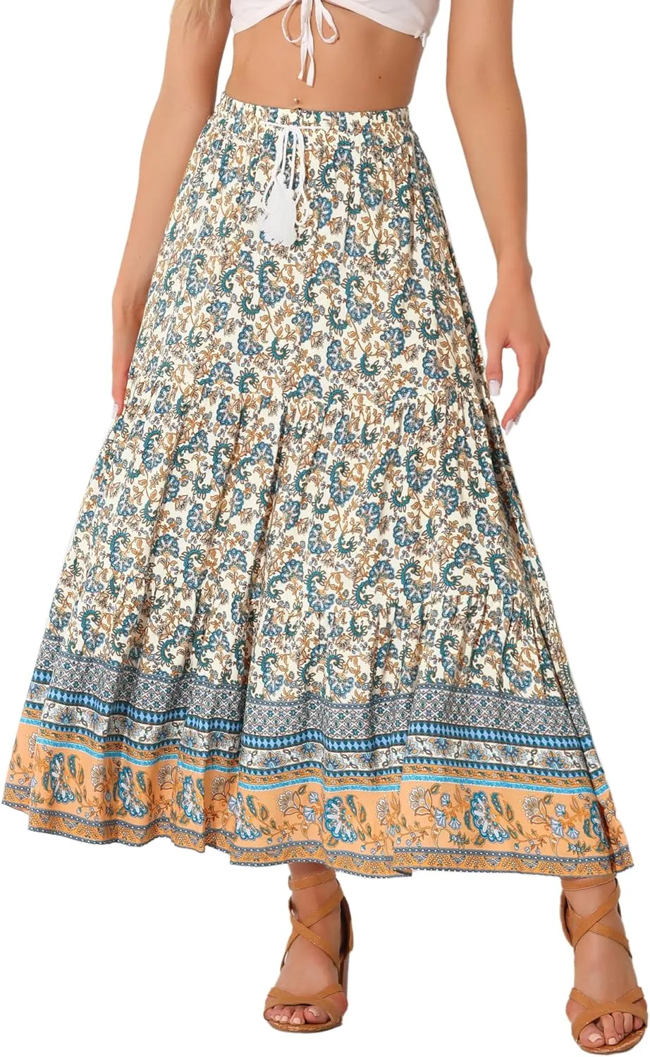Allegra K Boho Maxi Skirt for Women's Peasant Floral Tassels Elastic Waist Flowy Tiered Skirts