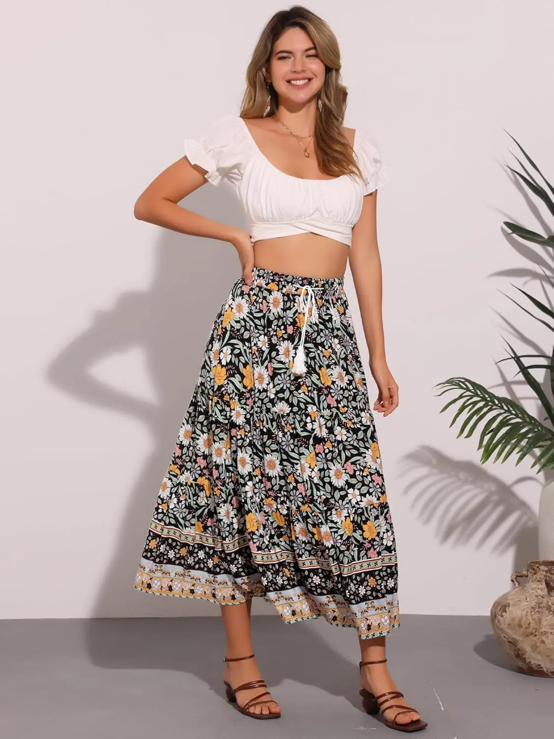 Allegra K Boho Maxi Skirt for Women's Peasant Floral Tassels Elastic Waist Flowy Tiered Skirts