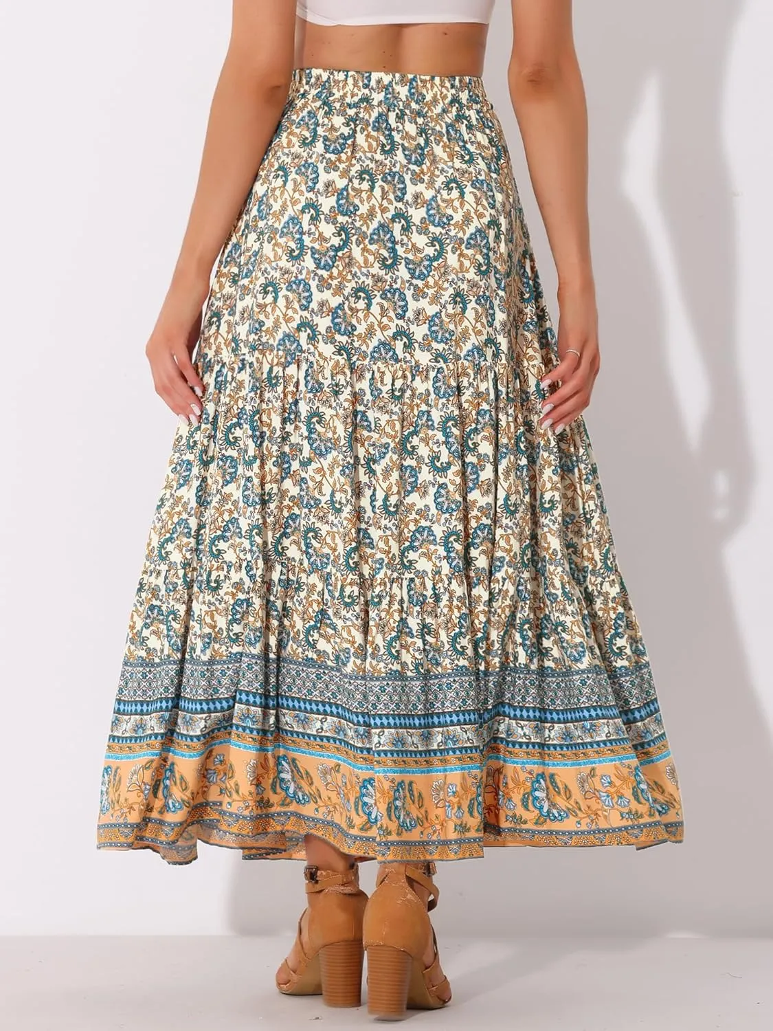 Allegra K Boho Maxi Skirt for Women's Peasant Floral Tassels Elastic Waist Flowy Tiered Skirts