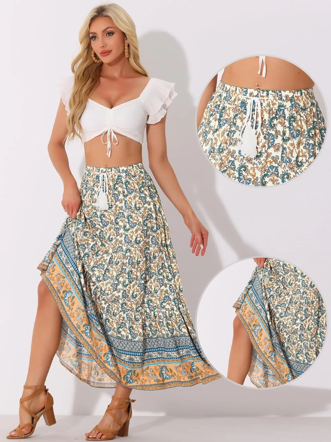 Allegra K Boho Maxi Skirt for Women's Peasant Floral Tassels Elastic Waist Flowy Tiered Skirts