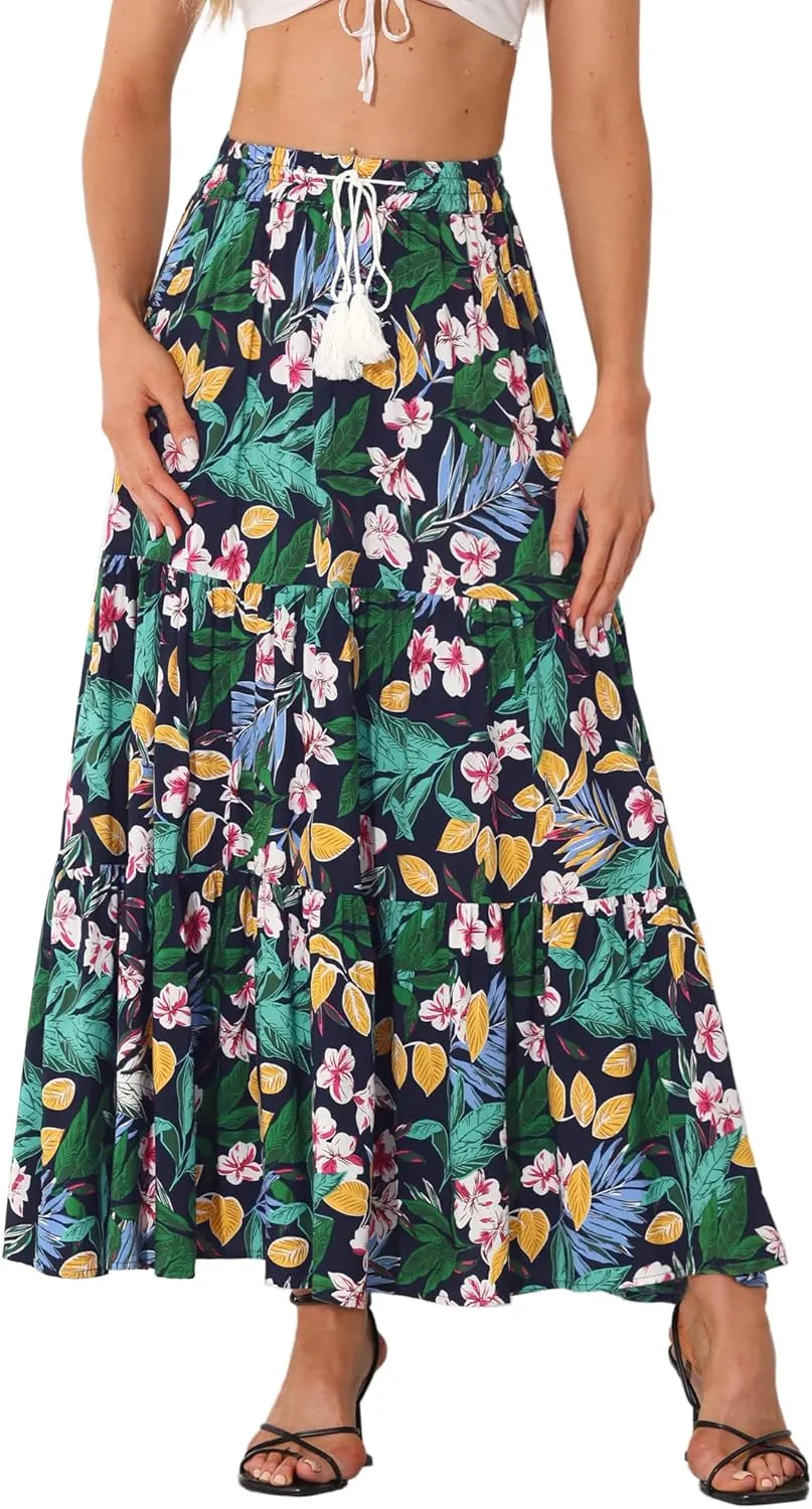 Allegra K Boho Maxi Skirt for Women's Peasant Floral Tassels Elastic Waist Flowy Tiered Skirts