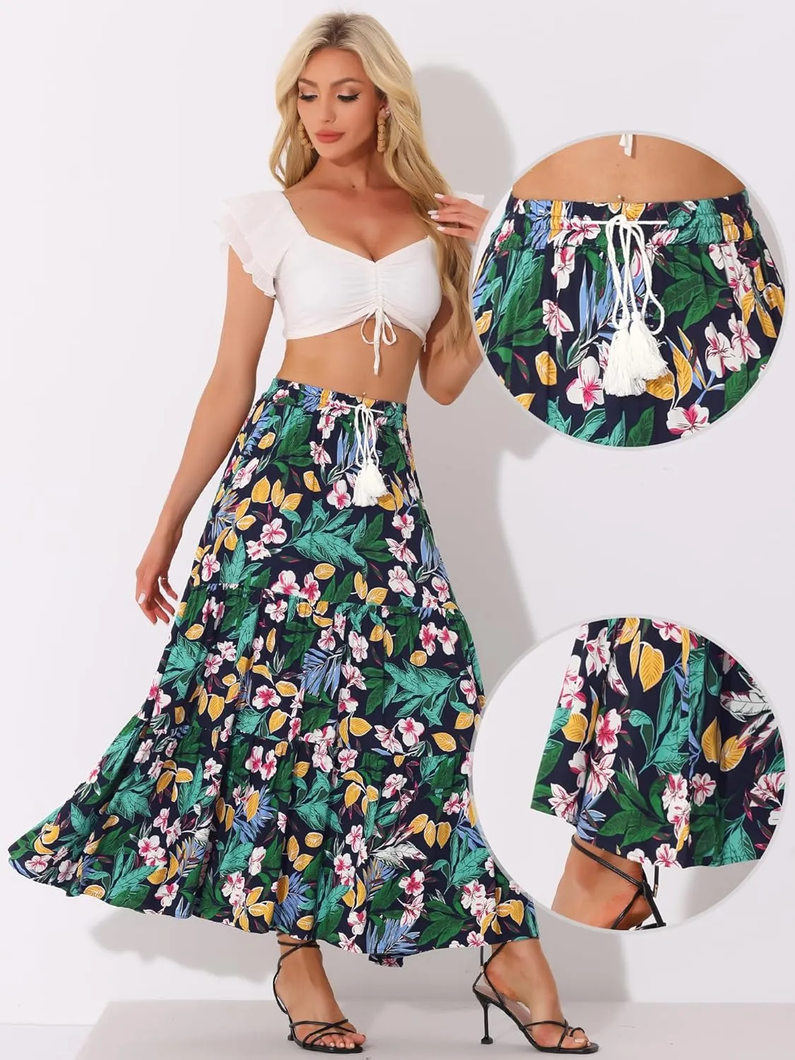 Allegra K Boho Maxi Skirt for Women's Peasant Floral Tassels Elastic Waist Flowy Tiered Skirts