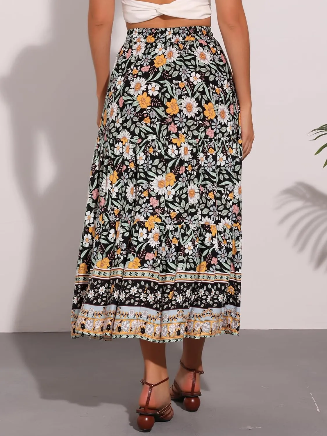 Allegra K Boho Maxi Skirt for Women's Peasant Floral Tassels Elastic Waist Flowy Tiered Skirts