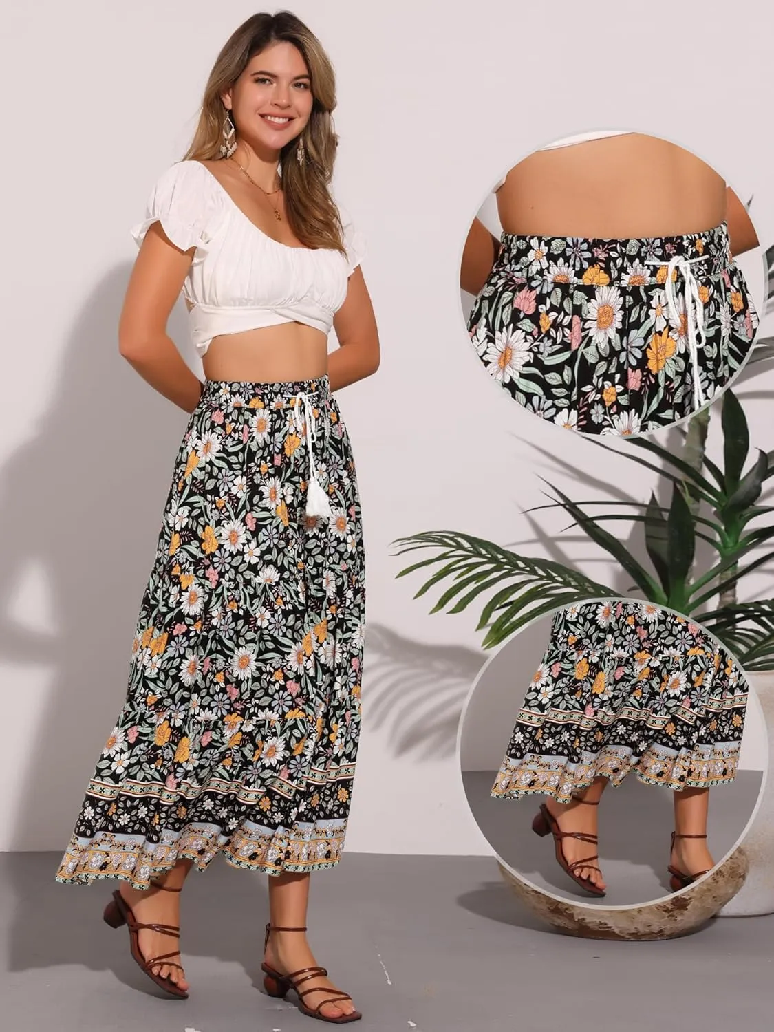 Allegra K Boho Maxi Skirt for Women's Peasant Floral Tassels Elastic Waist Flowy Tiered Skirts