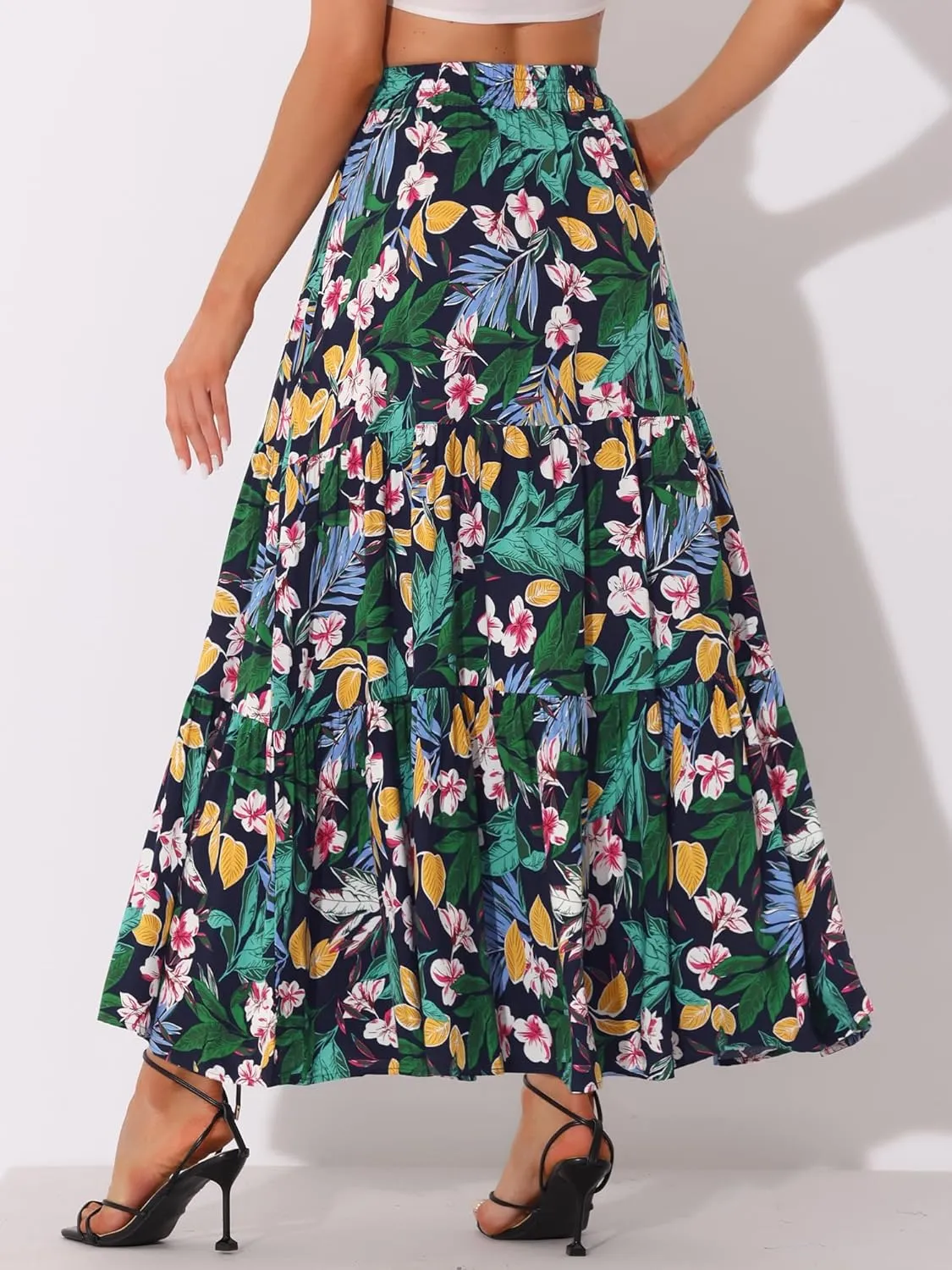 Allegra K Boho Maxi Skirt for Women's Peasant Floral Tassels Elastic Waist Flowy Tiered Skirts