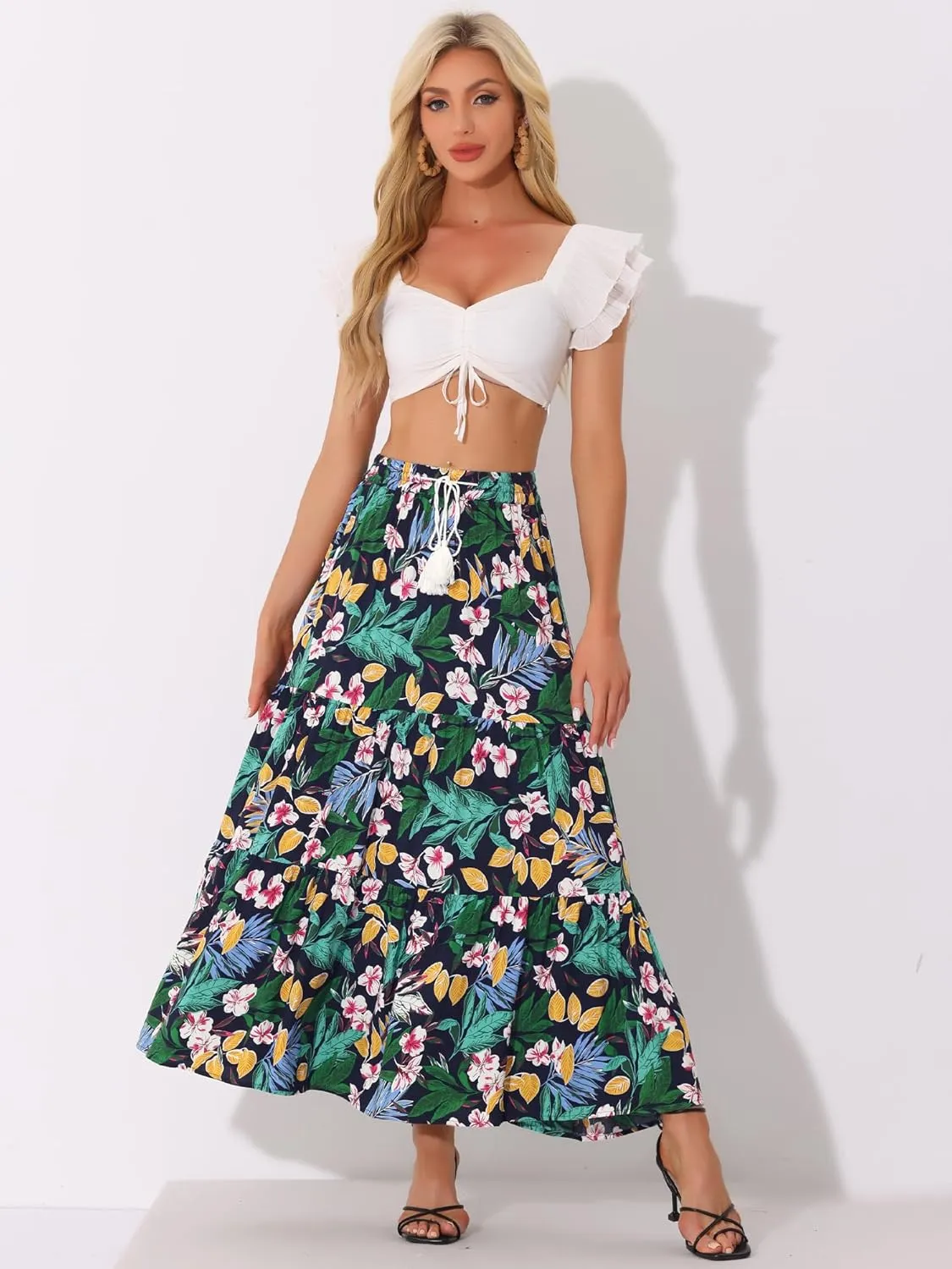 Allegra K Boho Maxi Skirt for Women's Peasant Floral Tassels Elastic Waist Flowy Tiered Skirts