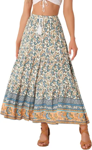 Allegra K Boho Maxi Skirt for Women's Peasant Floral Tassels Elastic Waist Flowy Tiered Skirts