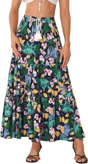 Allegra K Boho Maxi Skirt for Women's Peasant Floral Tassels Elastic Waist Flowy Tiered Skirts