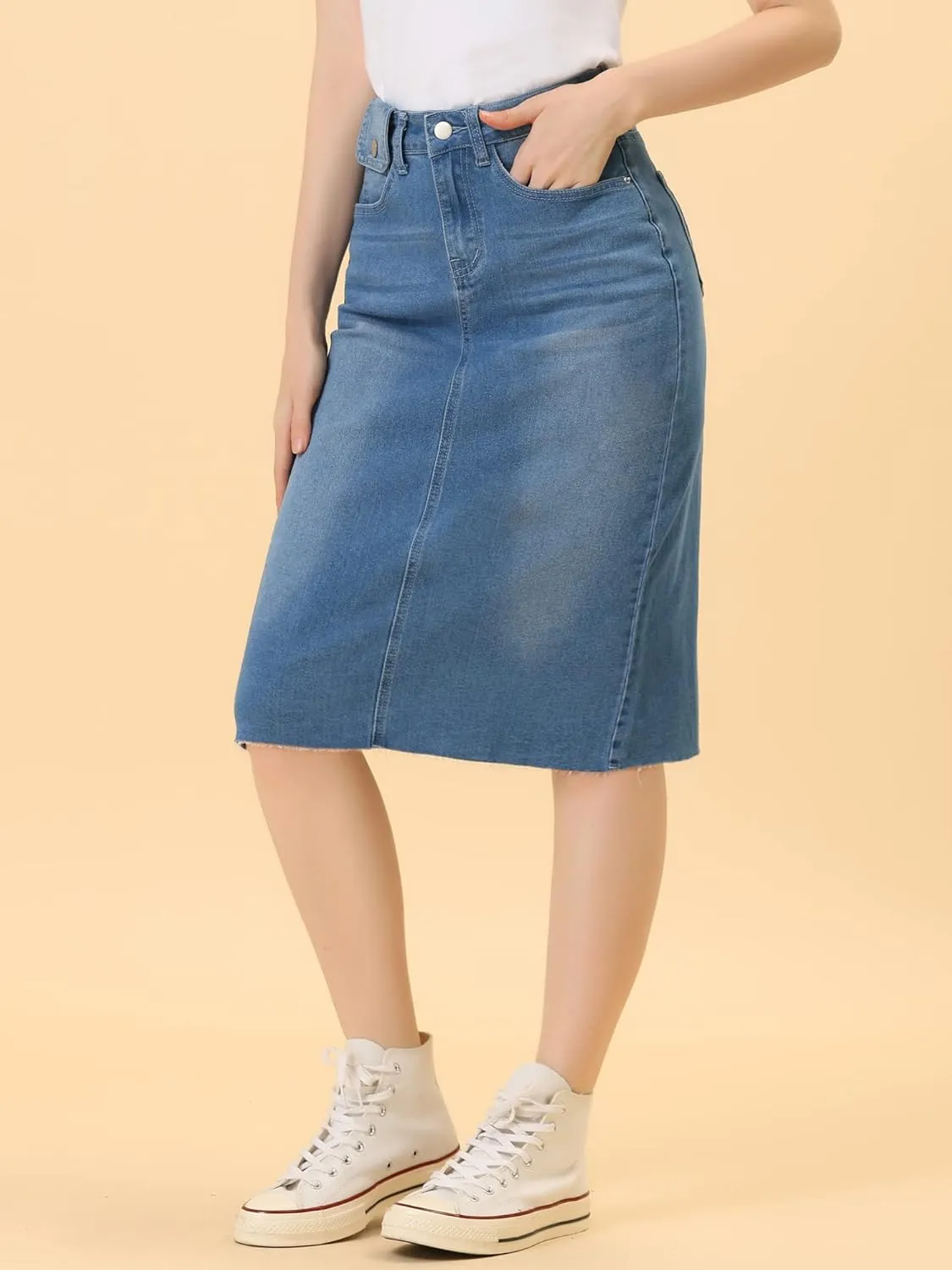 Allegra K Women's Casual Jean Skirt High Waist Back Slit Stretch Denim Skirts