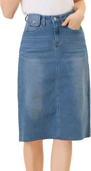 Allegra K Women's Casual Jean Skirt High Waist Back Slit Stretch Denim Skirts