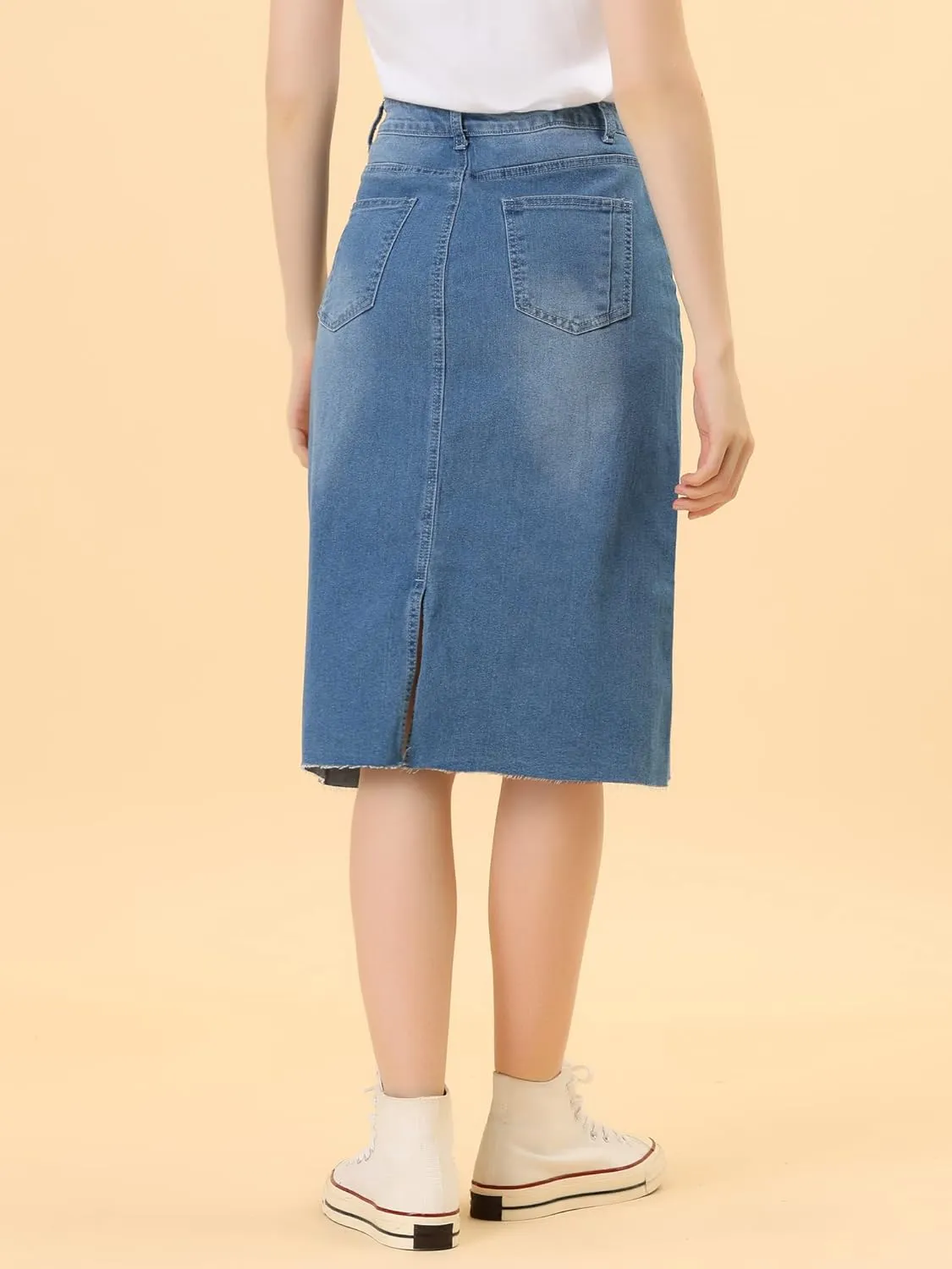 Allegra K Women's Casual Jean Skirt High Waist Back Slit Stretch Denim Skirts