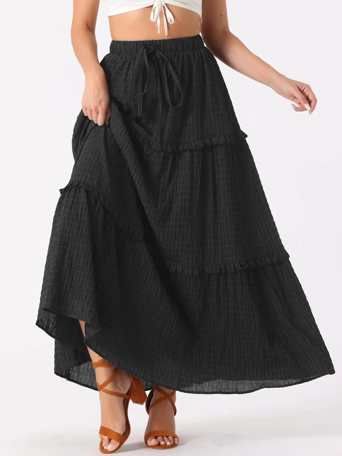 Allegra K Women's Maxi Skirt Summer Boho Flowy Ruffle Swing Skirts A-Line Beach Tiered Long Skirt