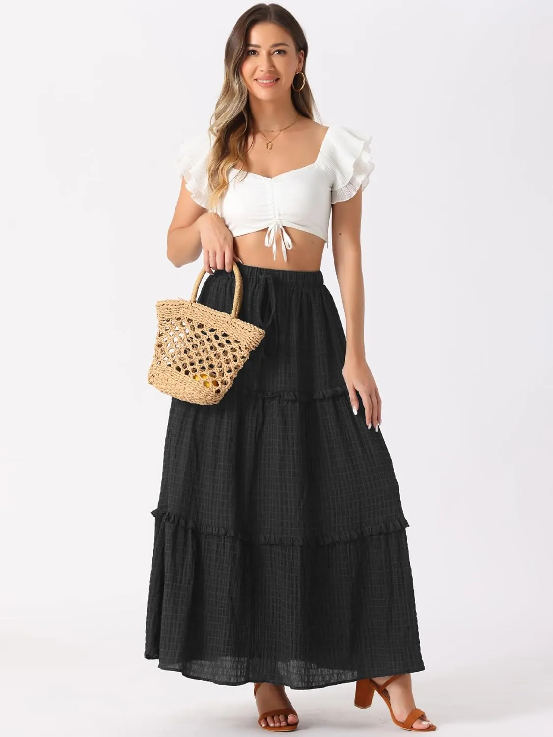Allegra K Women's Maxi Skirt Summer Boho Flowy Ruffle Swing Skirts A-Line Beach Tiered Long Skirt