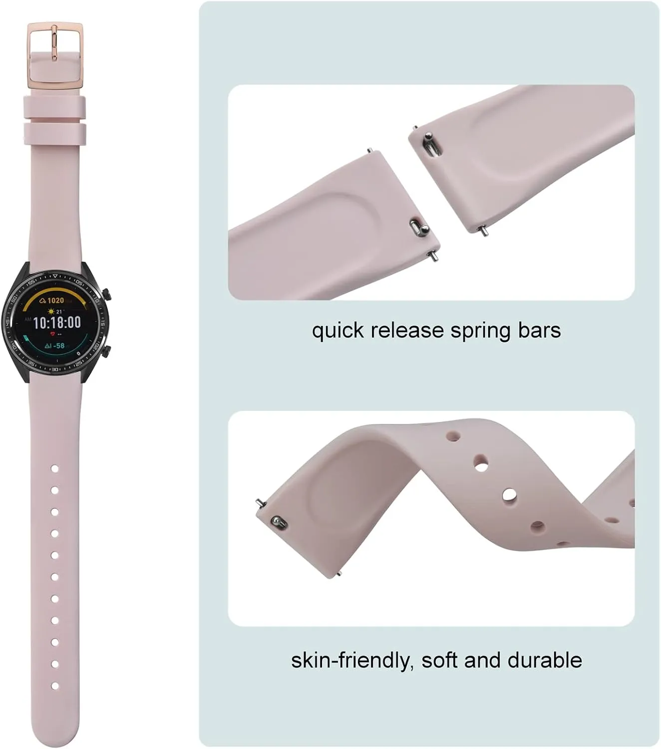 ANNEFIT Silicone Watch Bands, Quick Release Rubber Sport Strap 18mm with Classic Rose Gold Clasp (Light Pink)