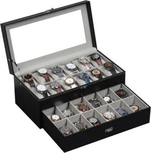 AUTOARK Leather & Velvet 24 Watch Box Glass Top Jewelry Display Drawer Lockable Case Organizer,Removable Grey Watch Pillows,Black,MKAW037