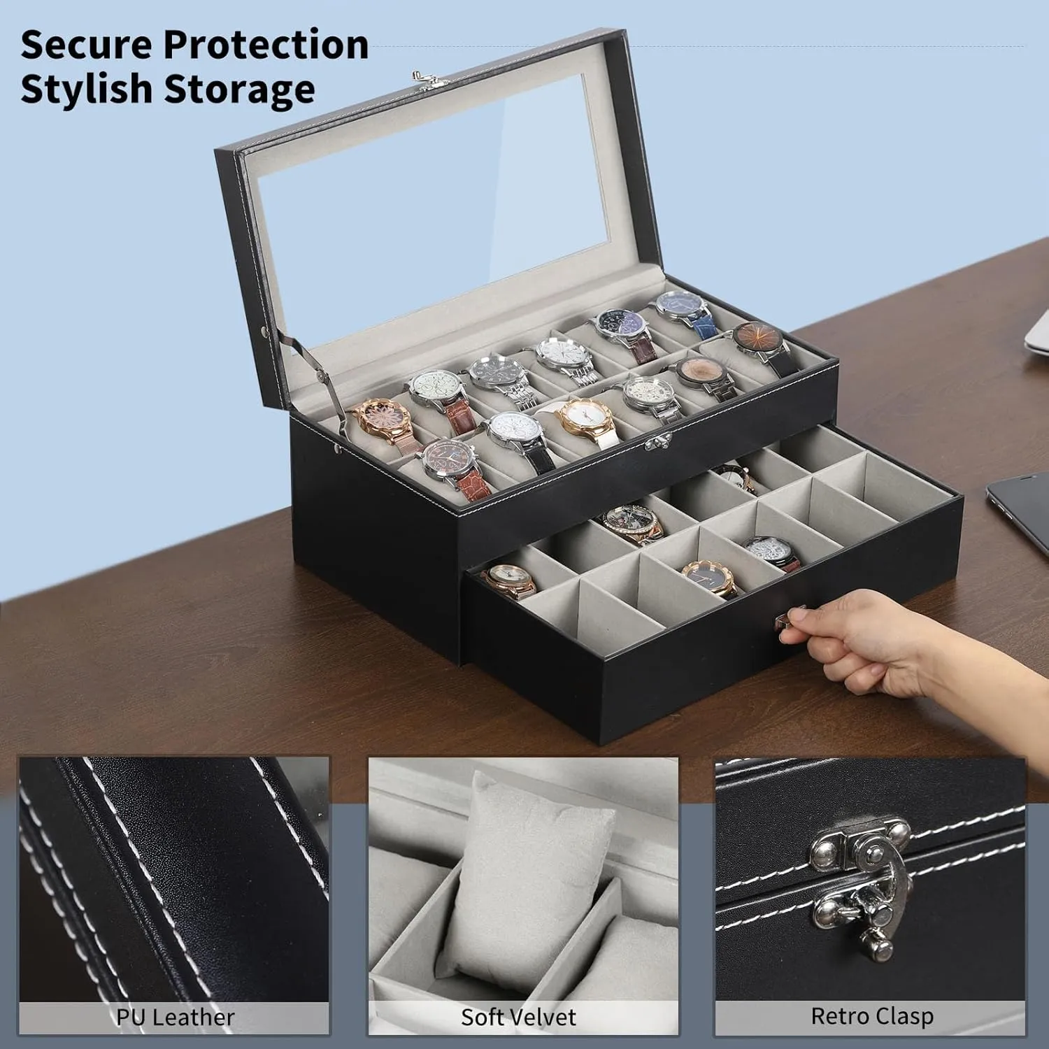 AUTOARK Leather & Velvet 24 Watch Box Glass Top Jewelry Display Drawer Lockable Case Organizer,Removable Grey Watch Pillows,Black,MKAW037