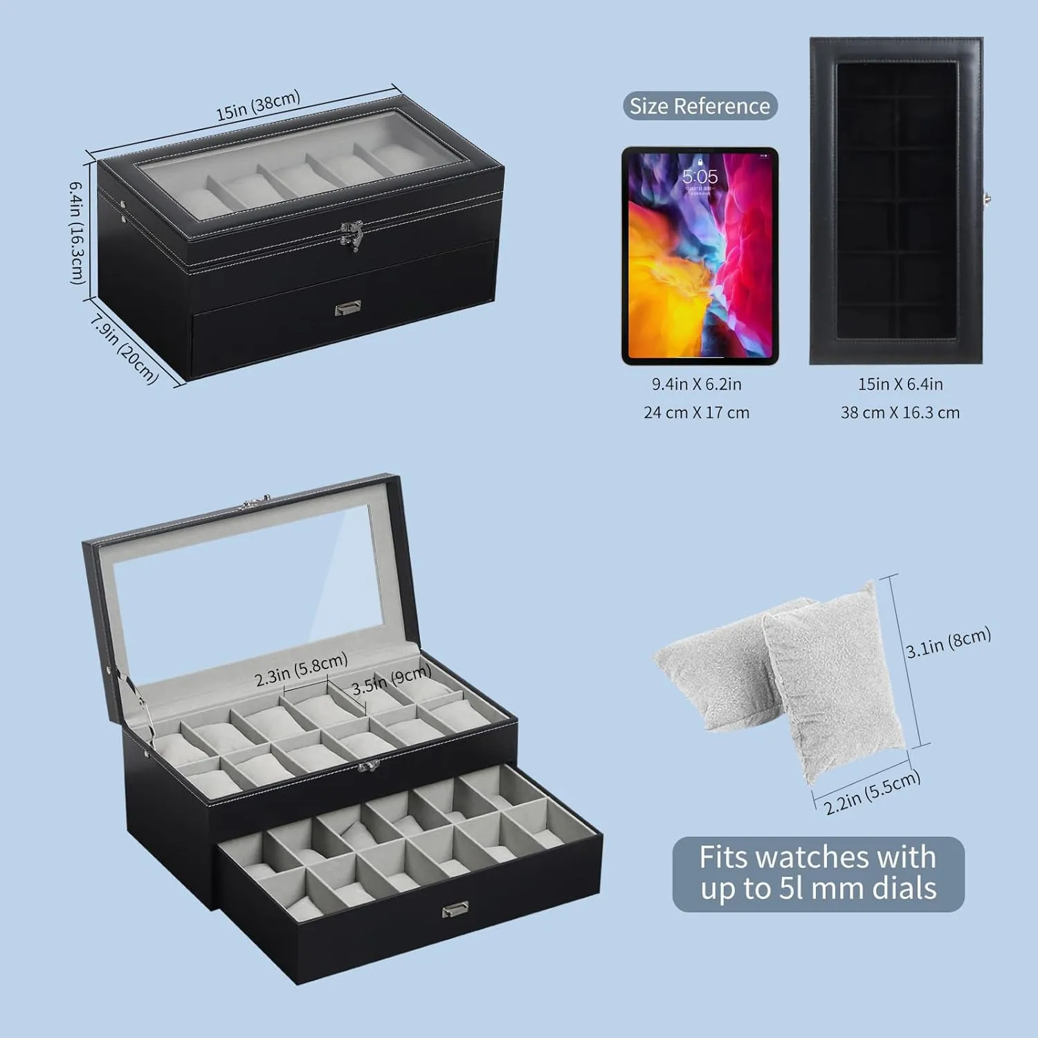 AUTOARK Leather & Velvet 24 Watch Box Glass Top Jewelry Display Drawer Lockable Case Organizer,Removable Grey Watch Pillows,Black,MKAW037