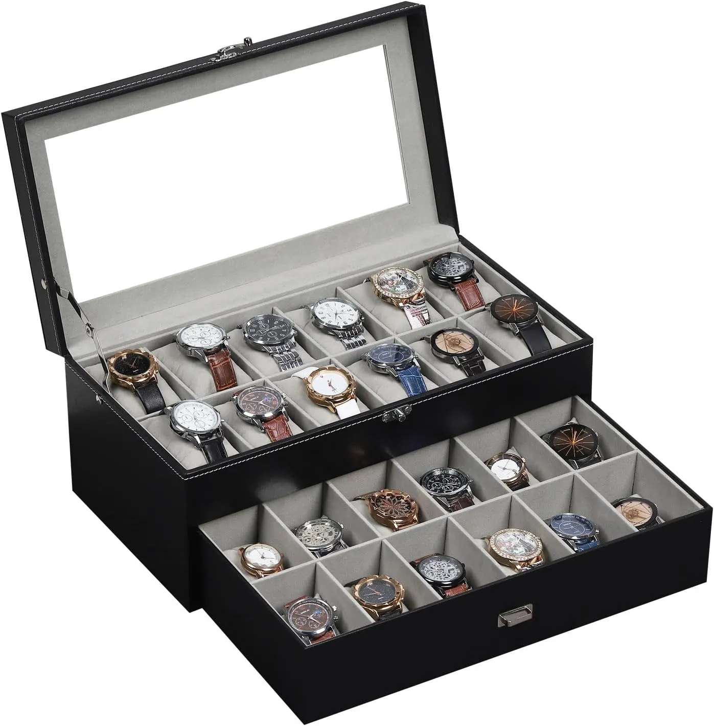AUTOARK Leather & Velvet 24 Watch Box Glass Top Jewelry Display Drawer Lockable Case Organizer,Removable Grey Watch Pillows,Black,MKAW037