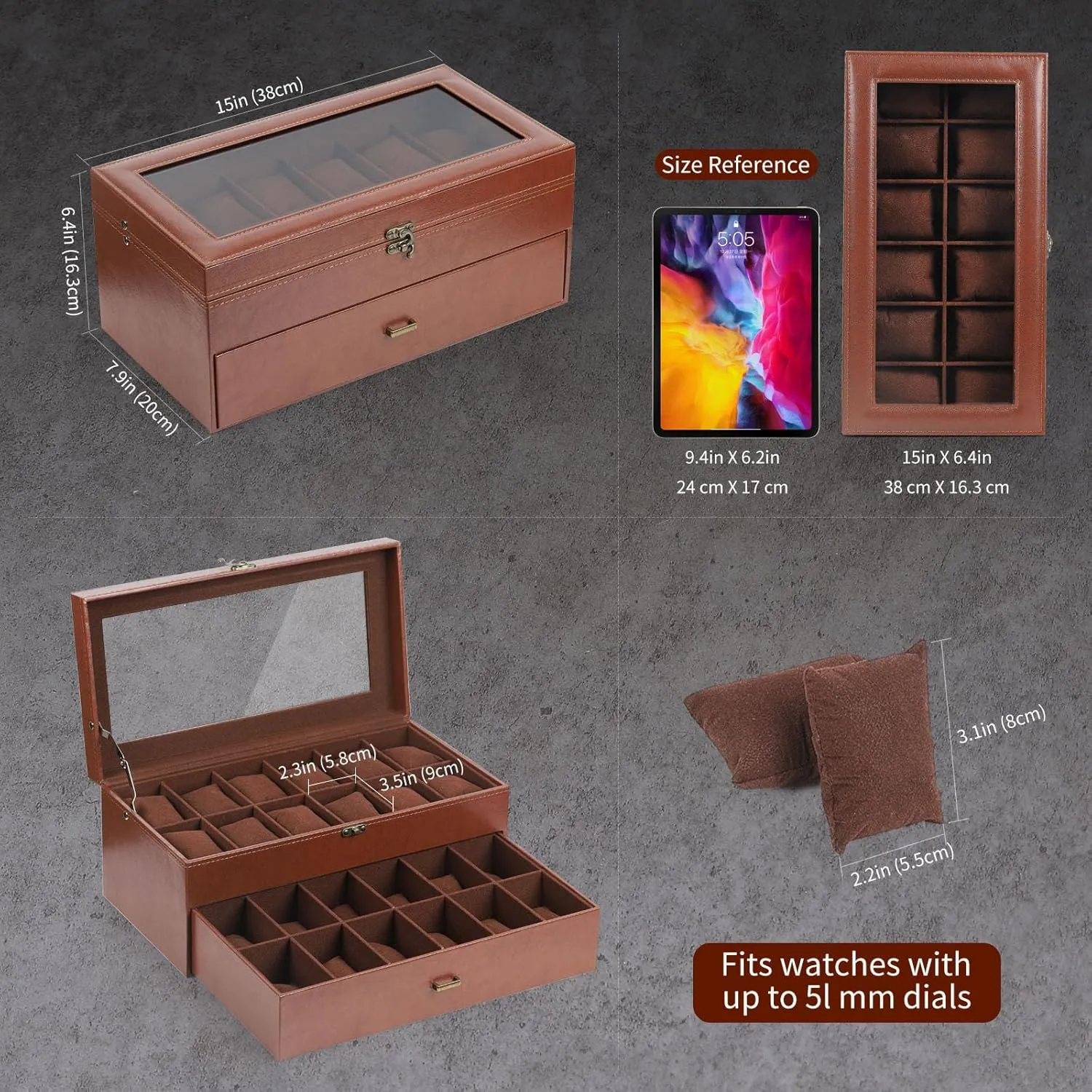 AUTOARK Leather & Velvet 24 Watch Box Glass Top Jewelry Display Drawer Lockable Case Organizer,Removable Watch Pillows,Coffee,MKAW033