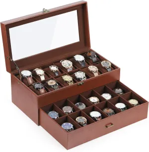 AUTOARK Leather & Velvet 24 Watch Box Glass Top Jewelry Display Drawer Lockable Case Organizer,Removable Watch Pillows,Coffee,MKAW033