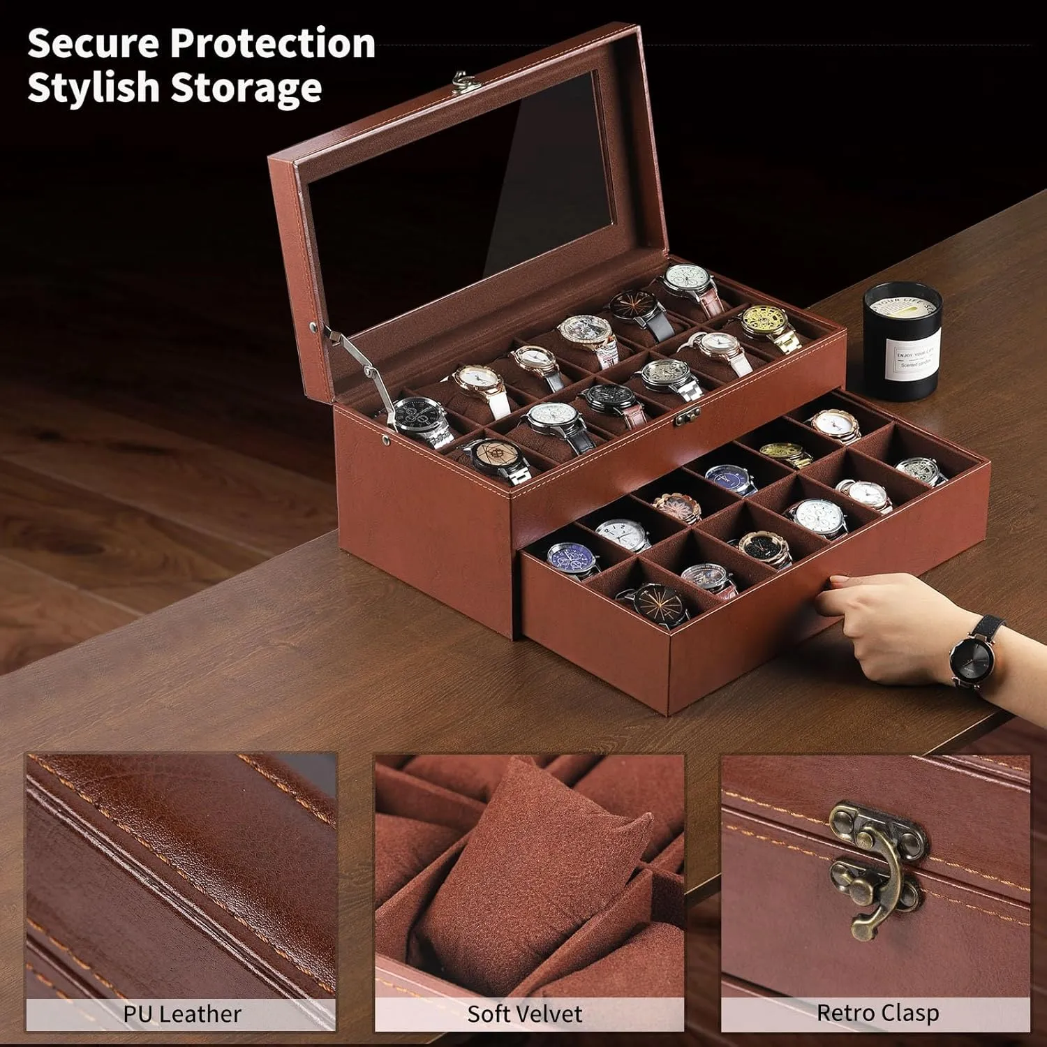AUTOARK Leather & Velvet 24 Watch Box Glass Top Jewelry Display Drawer Lockable Case Organizer,Removable Watch Pillows,Coffee,MKAW033