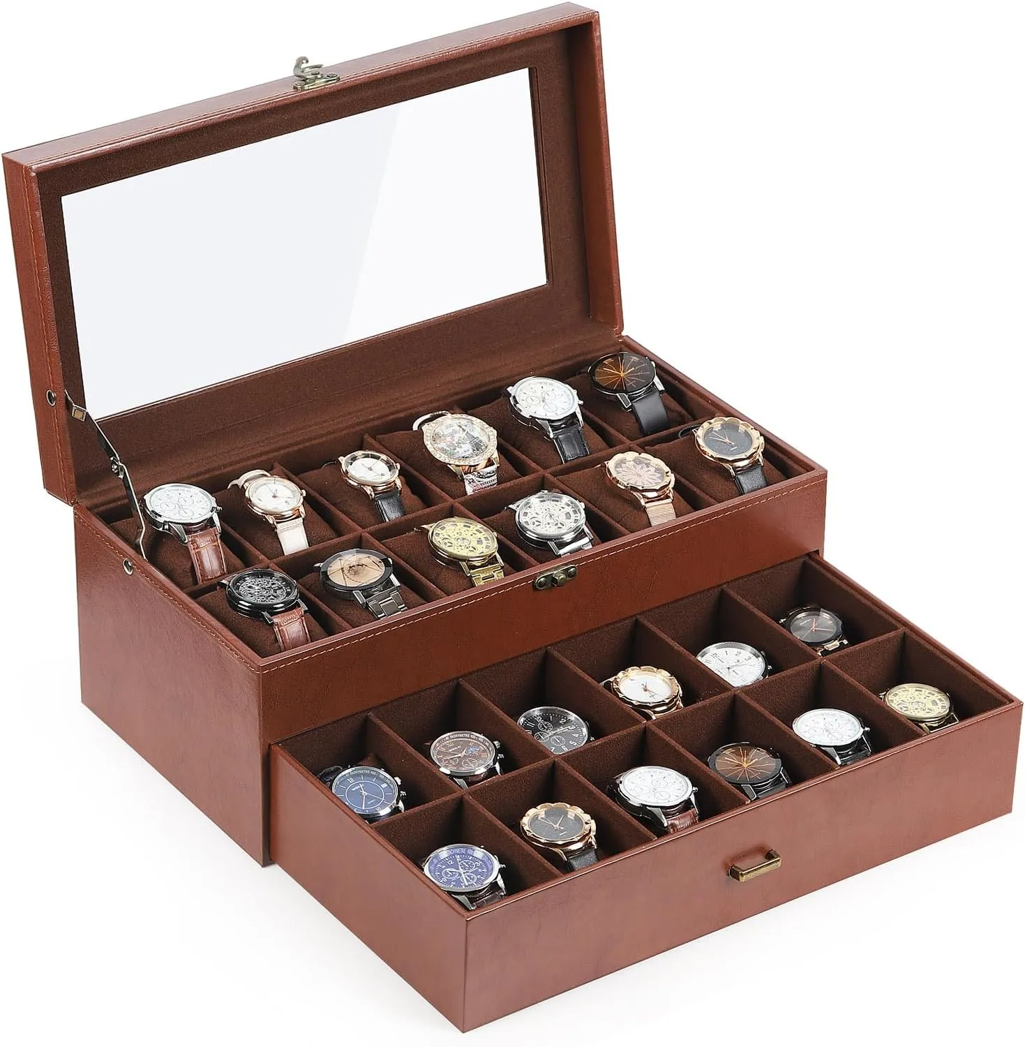 AUTOARK Leather & Velvet 24 Watch Box Glass Top Jewelry Display Drawer Lockable Case Organizer,Removable Watch Pillows,Coffee,MKAW033