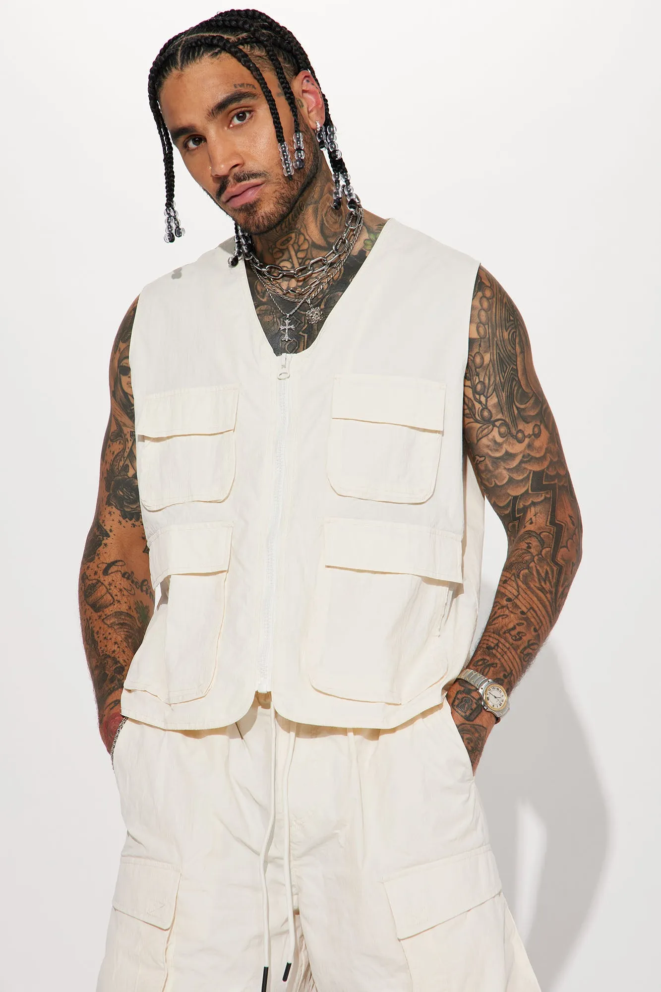 Batter Up Crinkle Nylon Utility Vest - Cream