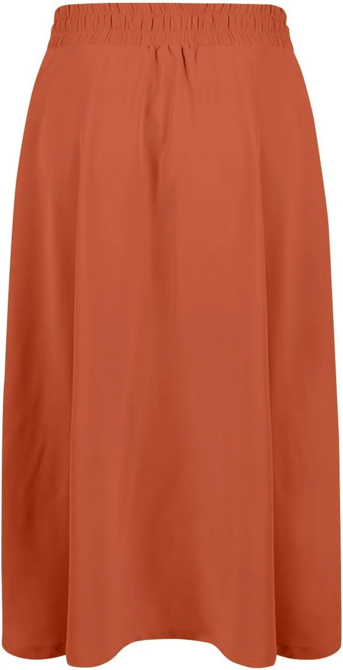 Beach Skirts for Women Drawstring Elastic Waist Summer Midi Skirt A Line Smocked Skirts Knee Length with Pockets