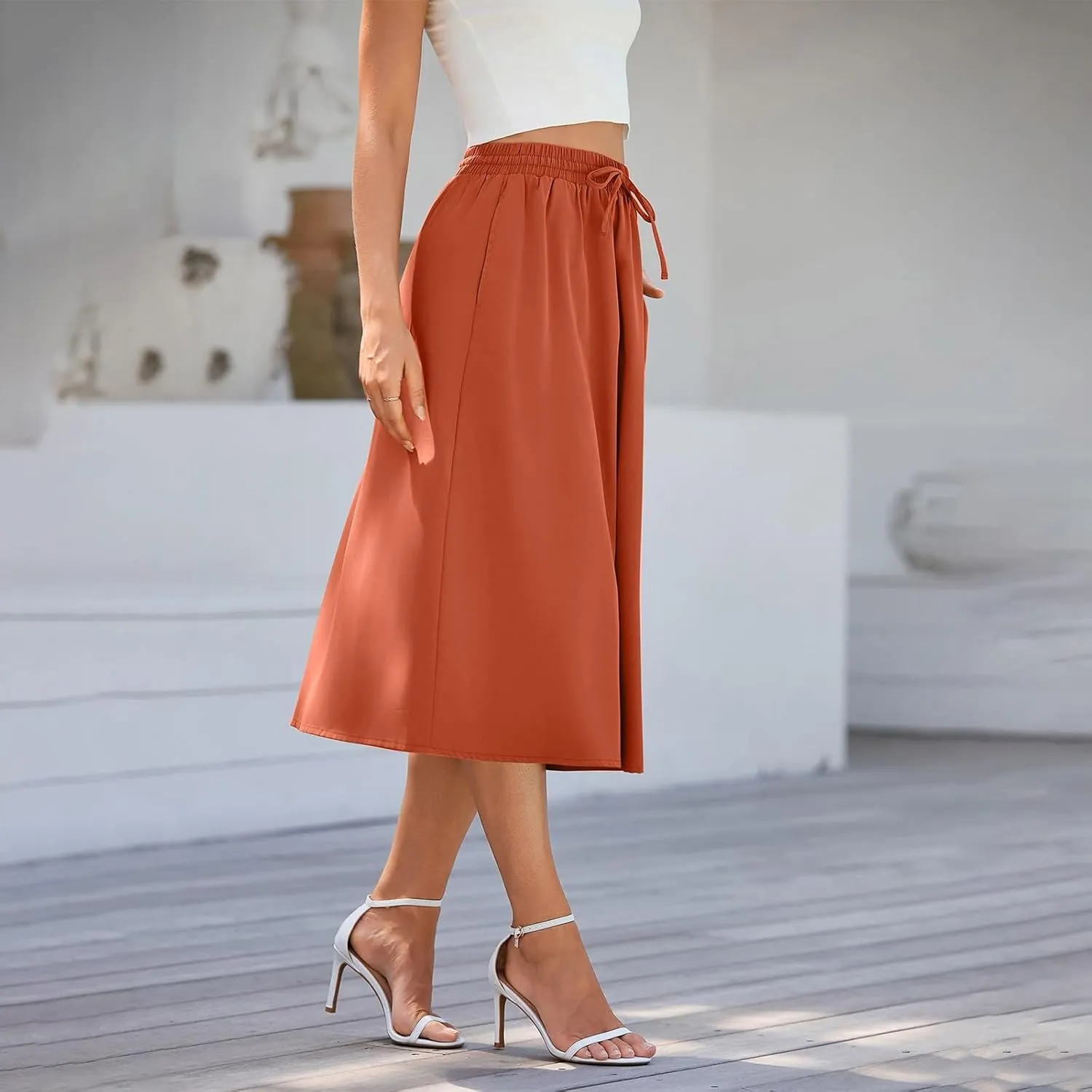 Beach Skirts for Women Drawstring Elastic Waist Summer Midi Skirt A Line Smocked Skirts Knee Length with Pockets
