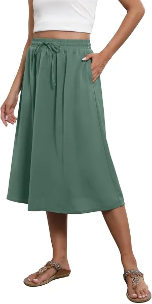 Beach Skirts for Women Drawstring Elastic Waist Summer Midi Skirt A Line Smocked Skirts Knee Length with Pockets