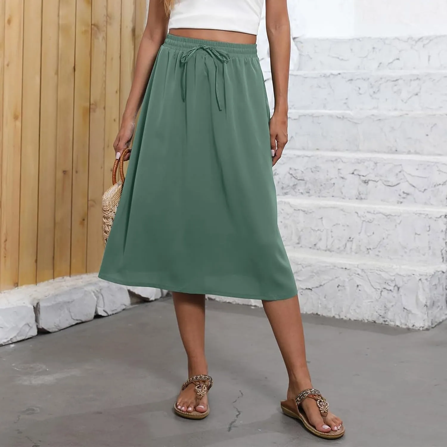 Beach Skirts for Women Drawstring Elastic Waist Summer Midi Skirt A Line Smocked Skirts Knee Length with Pockets