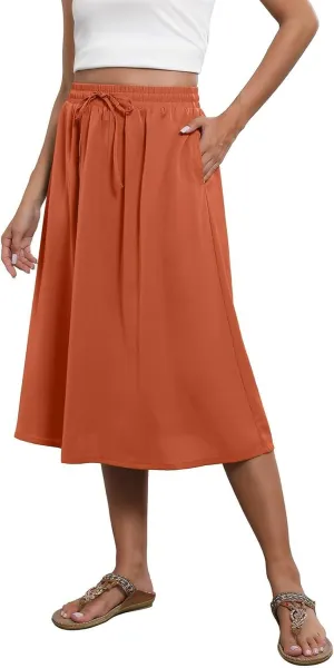Beach Skirts for Women Drawstring Elastic Waist Summer Midi Skirt A Line Smocked Skirts Knee Length with Pockets